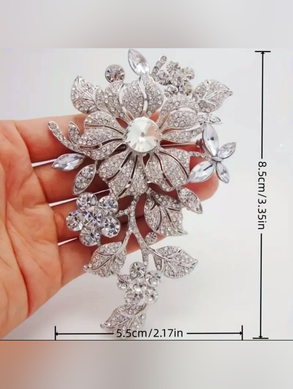 Crystal Floral Statement Brooch - Silver Tone - Picture 4 of 5
